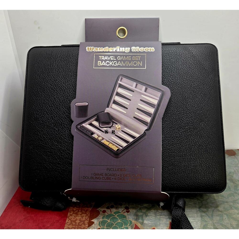 Wandering Moon Travel Backgammon Portable Game Case Dice Checkers Faux Leather